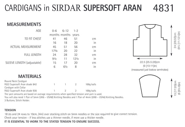 Sirdar Supersoft Aran Cardigan Knitting Pattern 4831