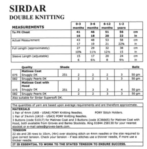 Sirdar Snuggly Double Knit Baby Jacket Knitting Pattern 1579