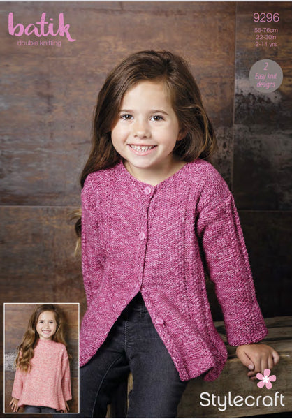 Stylecraft Batik D/K Girl Cardigan & Sweater Knitting Pattern 9296