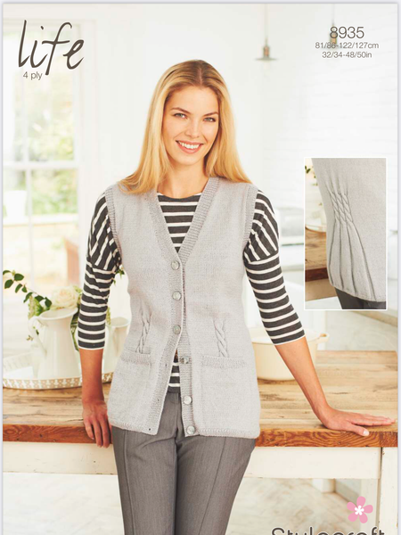 Stylecraft Life 4ply Ladies Waistcoat Knitting Pattern 8935