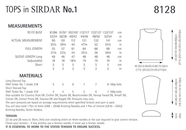 Sirdar No1 Double Knit Tops Knitting Pattern 8128