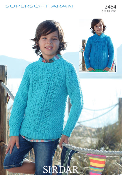 Sirdar Supersoft Aran Boys Sweaters Knitting Pattern Sizes 2-13yrs 2454