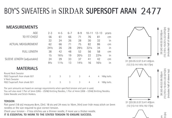 Sirdar Supersoft Aran Sweater Knitting Pattern Sizes 2-13yrs 2477