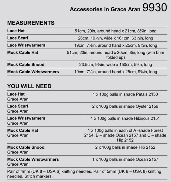 Stylecraft Grace Aran Accessories Knitting Pattern 9930