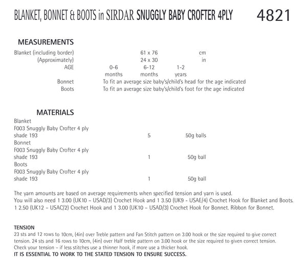 Sirdar Snuggly Baby Crofter 4ply Blanket, Bonnet & Boots Crochet Pattern