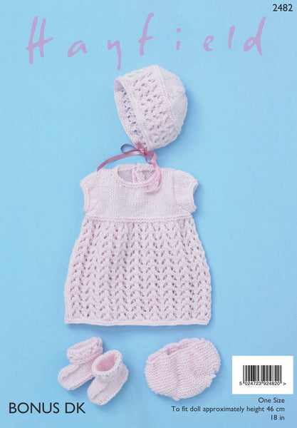 Hayfield Bonus D/K Dolls Dress & Bonnet Knitting Pattern 2482